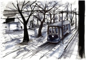 Dessin du vieux tramway de la Nouvelle-Orléans